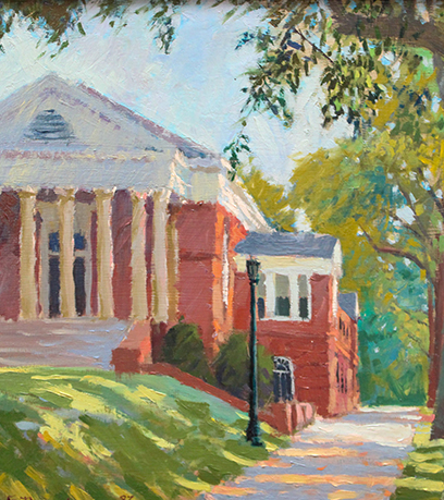 Ang pagpipinta ni Edward Thomas ng Fayerweather Hall sa The University of Virginia. Nagtatampok ang gusali ng Jeffersonian architecture.
