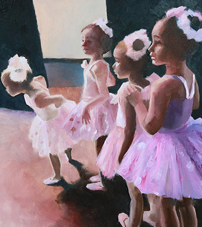 Ang pagpipinta ni Catherine Kauffman na 'Waiting in the Wings': apat na batang ballerina na naghihintay sa likod ng entablado para sa isang pagtatanghal.