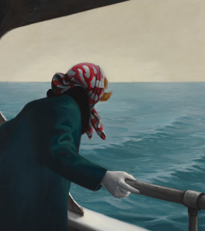 Isang painting ng isang babaeng nakasuot ng pula at puting head scarf na nakasilip sa gilid ng ferry na nakatingin sa dagat ng asul na tubig. Pininturahan ni Barclay Sheaks.