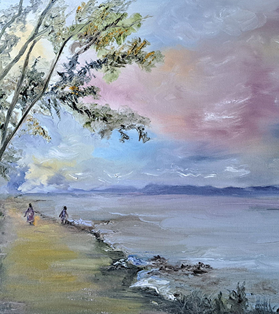 Isang magandang pagpipinta ng isang coastal path, na may dalawang figure na naglalakad sa ilalim ng malaking puno laban sa isang makulay na kalangitan.