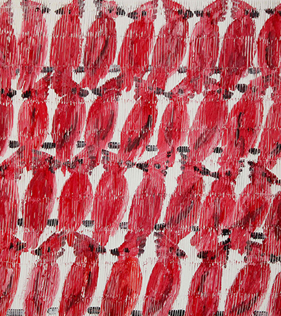 Isang pagpipinta ng mga kardinal laban sa isang puting backdrop.