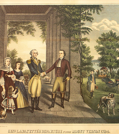 Isang lithograph ng huling paalam nina George Washington at General Marquis de Lafayette.