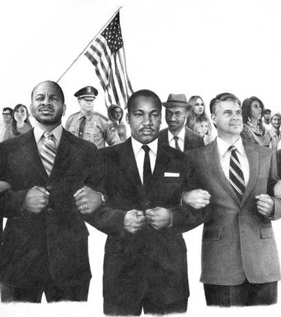 Isang itim at puting lapis na guhit ni Martin Luther King Jr. at mga kalalakihan at kababaihan na nag-uugnay ng mga braso sa isang bilog na may bandila ng Amerika sa background.