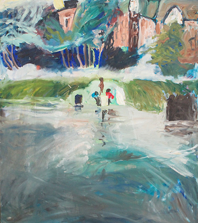 Isang painting ng tatlong bata na naglalaro sa tubig.